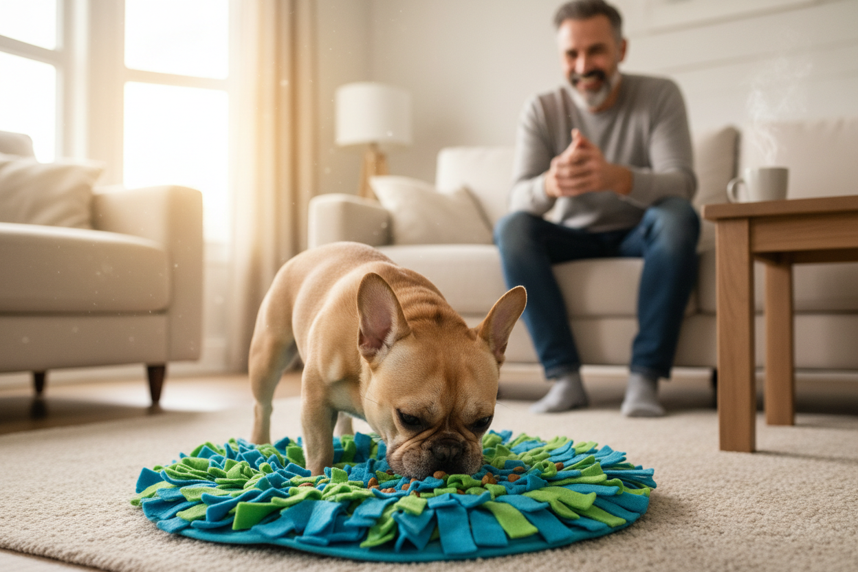 Bouledogue français avec tapis bleu-vert Image