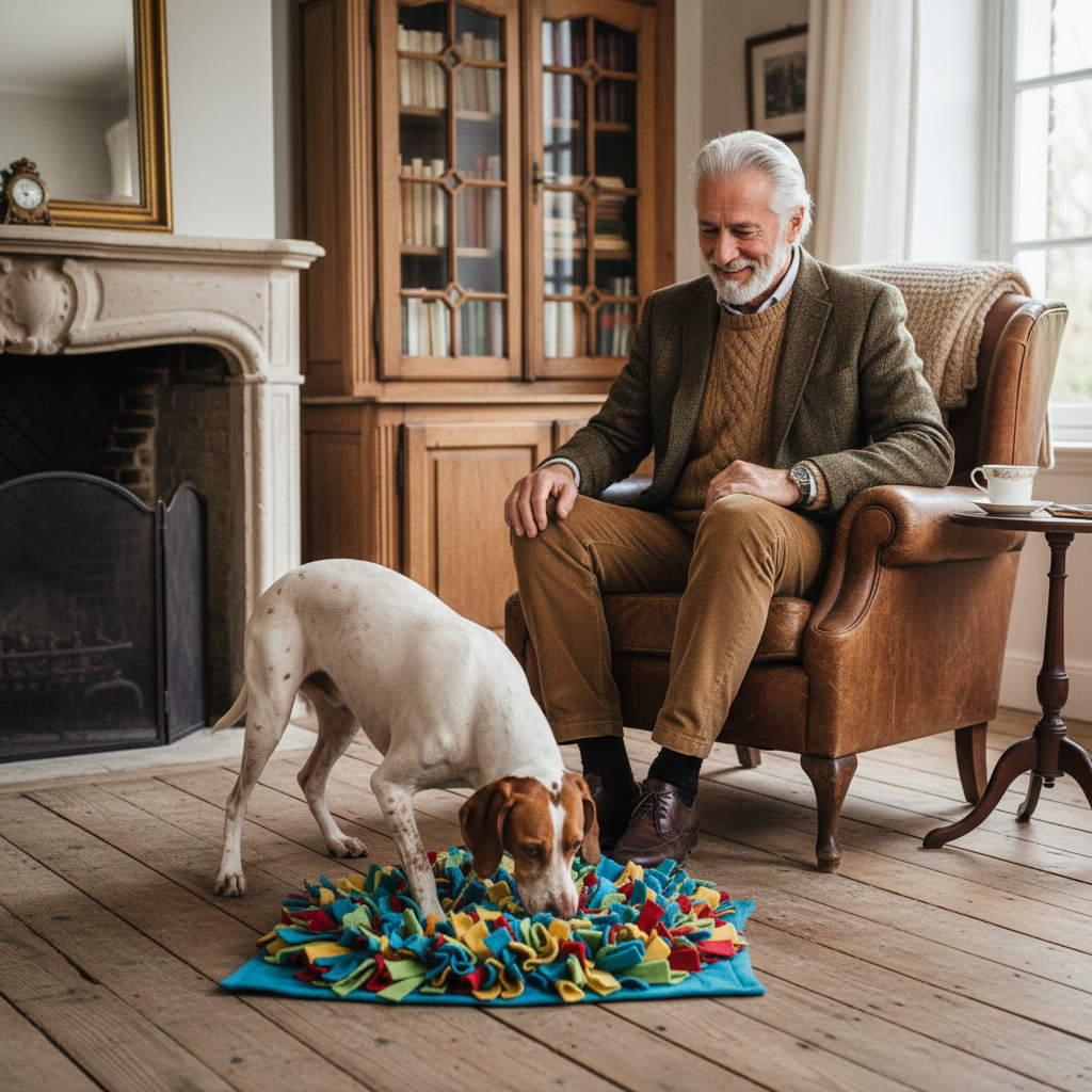 Charles, 70 ans, avec son chien de chasse et le tapis de reniflage Image