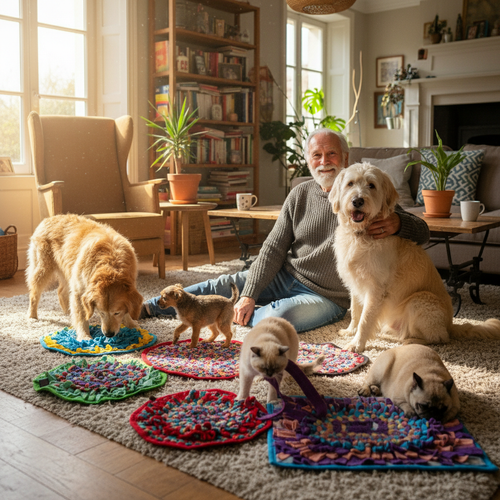 Jean-Pierre, 65 ans, avec ses chiens et chats et plusieurs tapis de reniflage