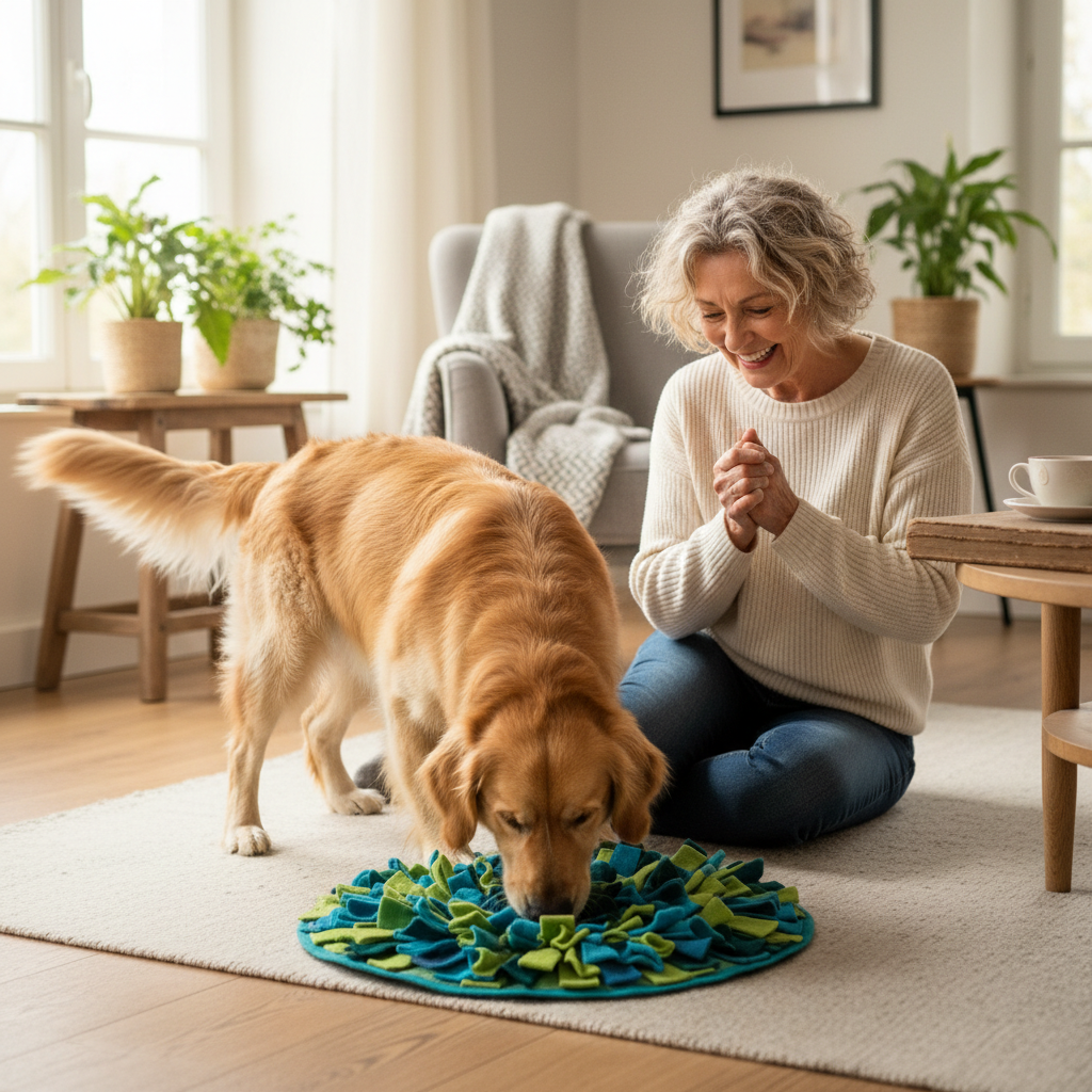 Laure, 60 ans, avec son Golden Retriever et un tapis de reniflage différent Image